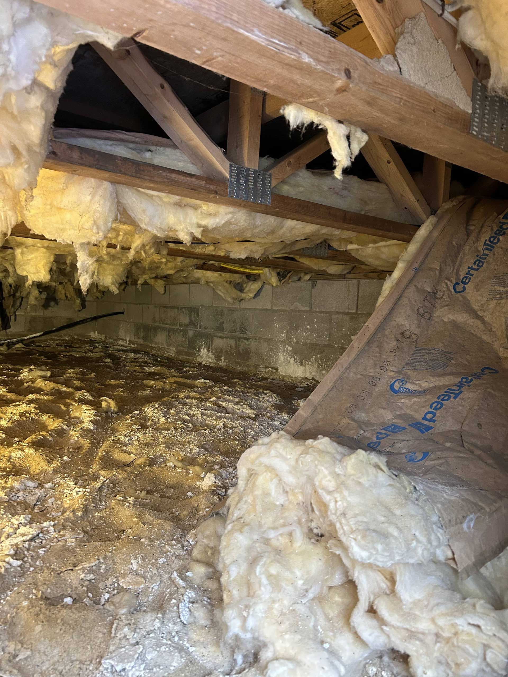 A crawl space with sagging, damaged fiberglass insulation hanging from the floor joists above a dirt ground.