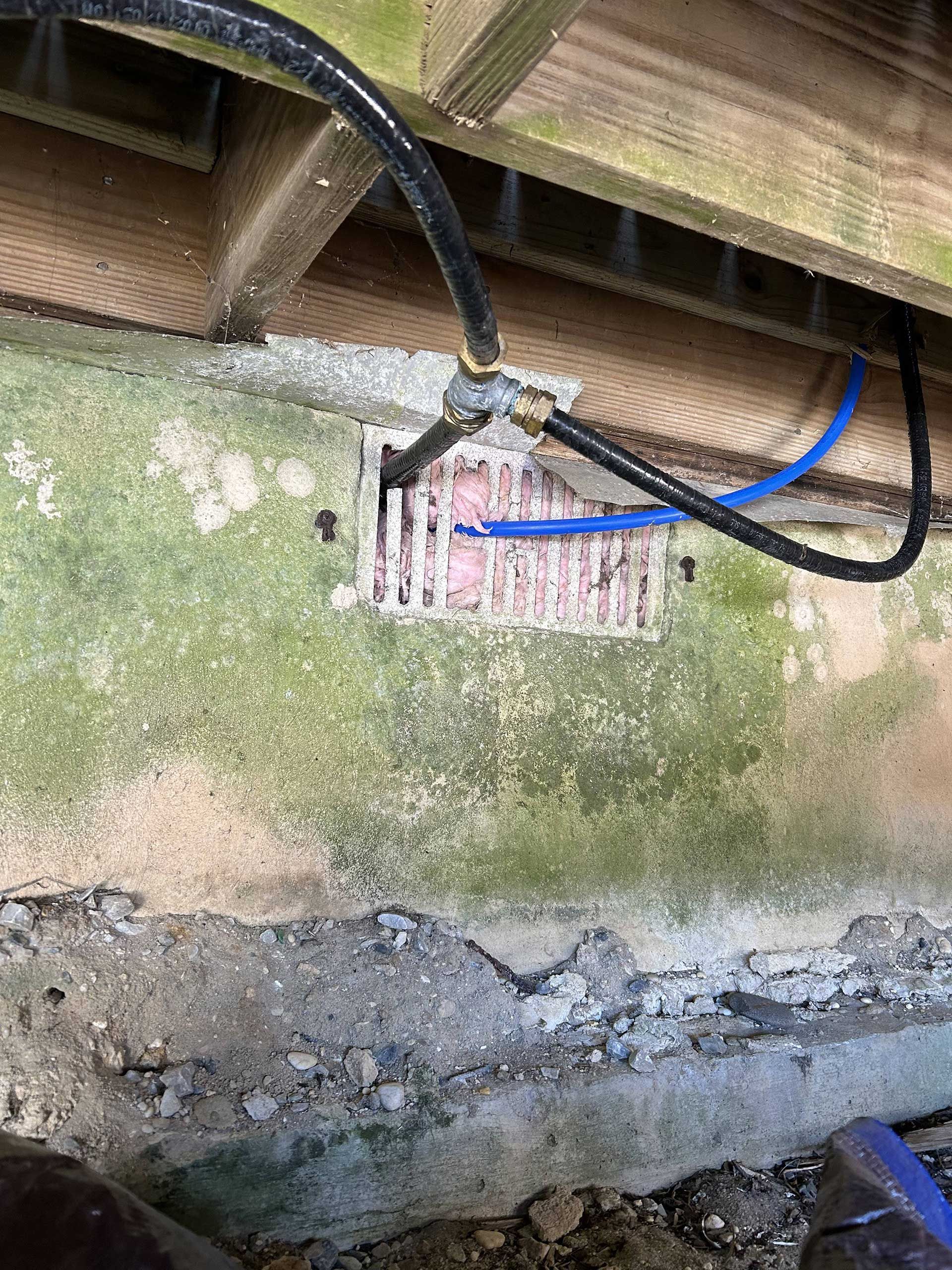 A black hose with a T-connector is mounted over a small, pink-slatted vent on an exterior foundation wall with algae.