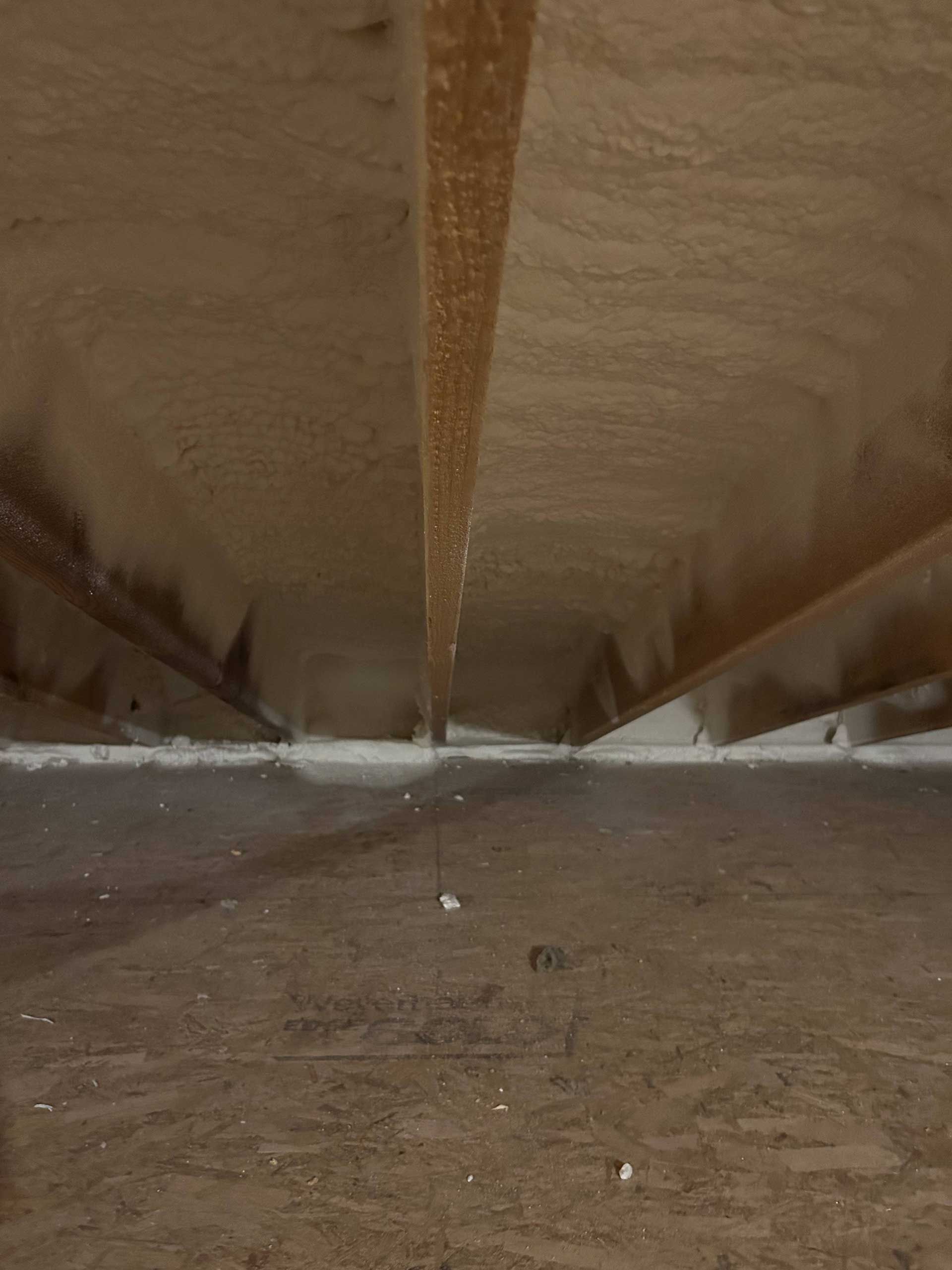 The underside of a roof deck insulated with spray foam, showing exposed wooden rafters and a plywood floor below.