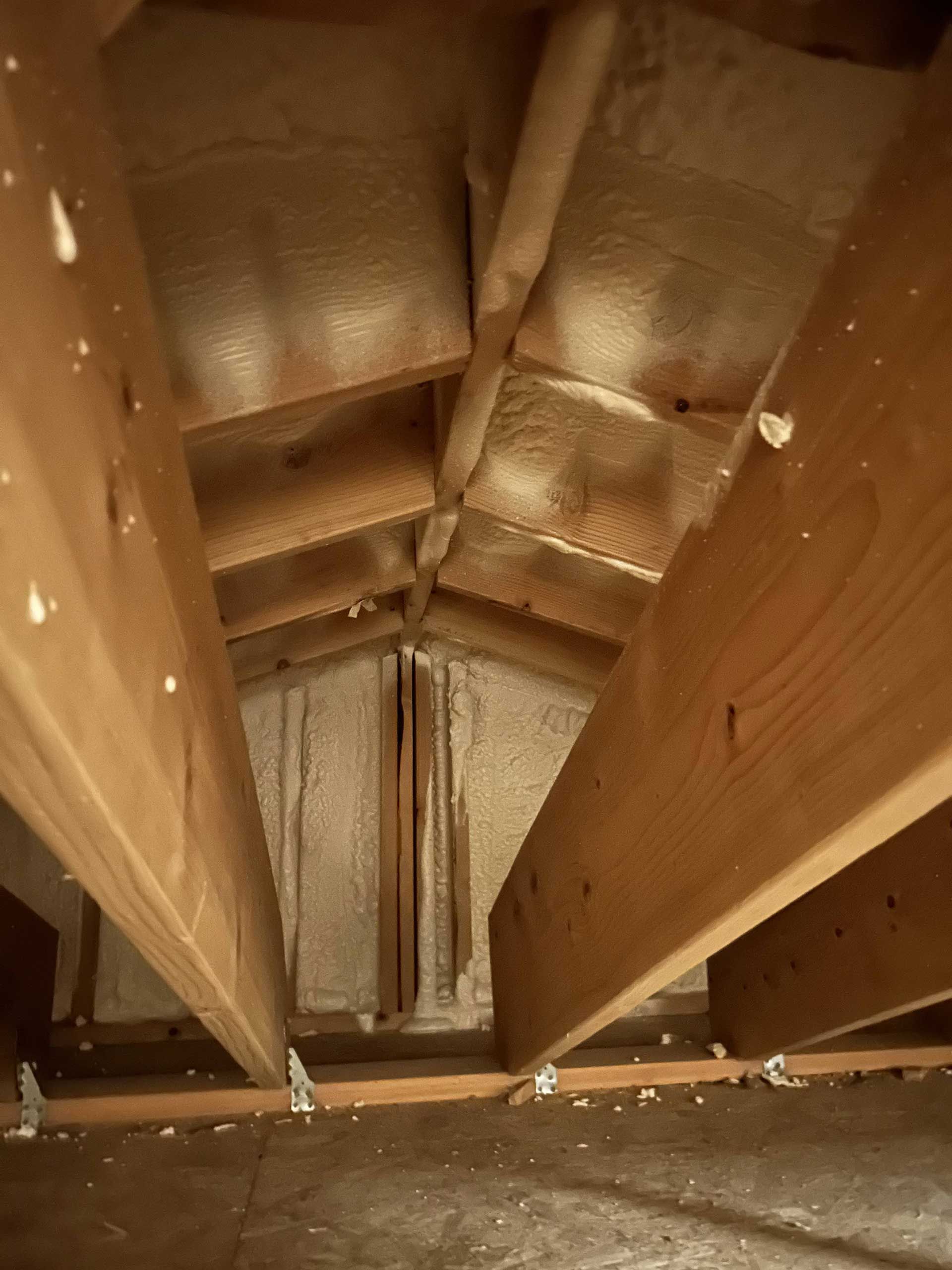 Interior view of an attic roof structure with light-colored spray foam insulation between wooden rafters.