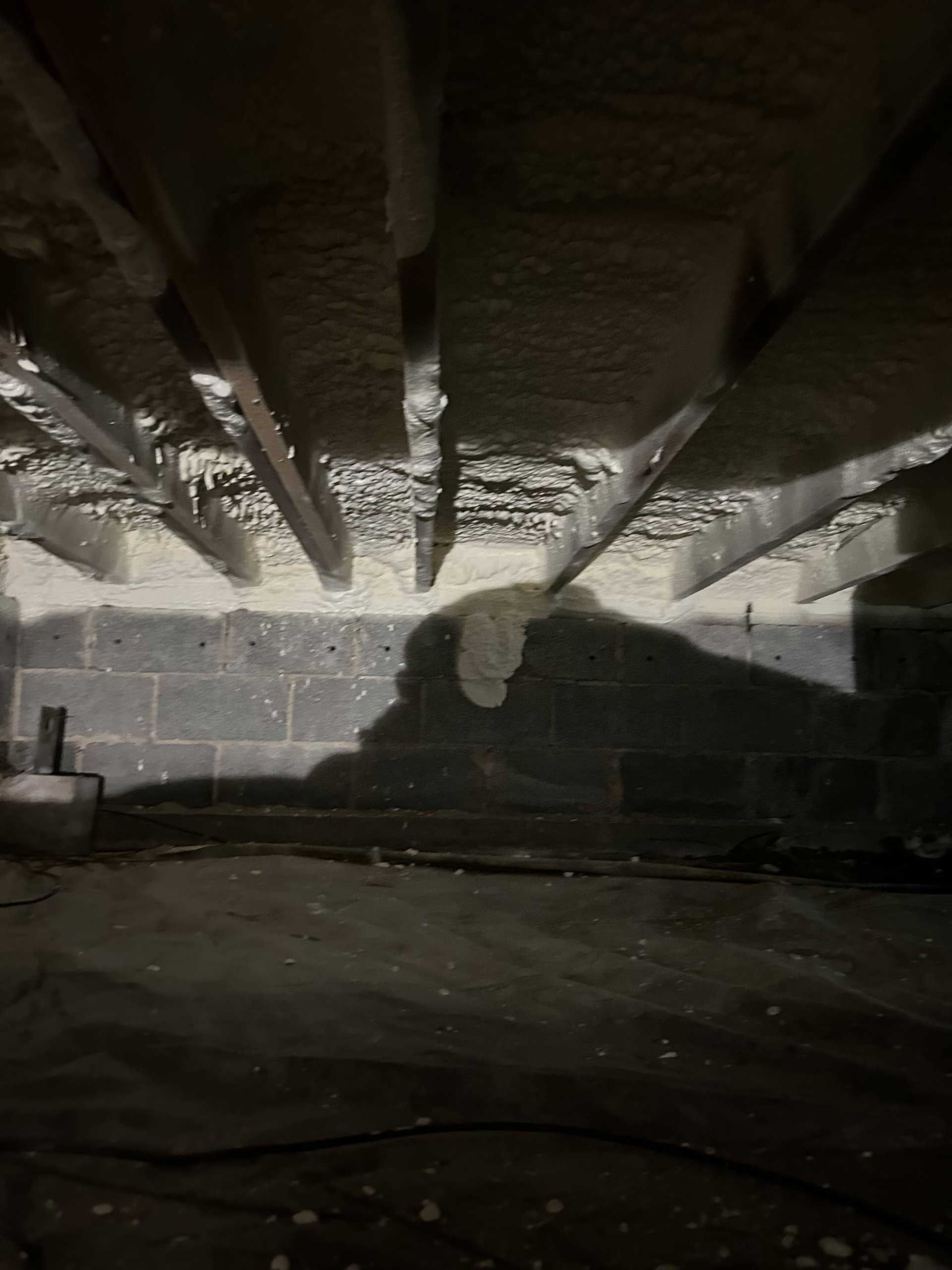 Spray foam insulation between wooden joists above a dark crawlspace with a grey concrete block wall in the background.