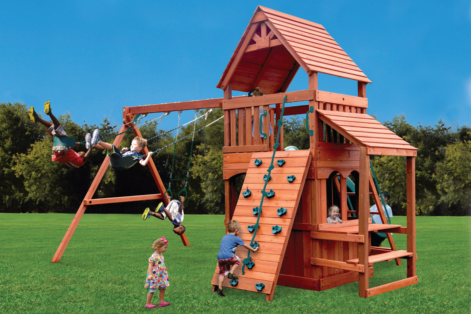 A group of children are playing on a wooden playground set