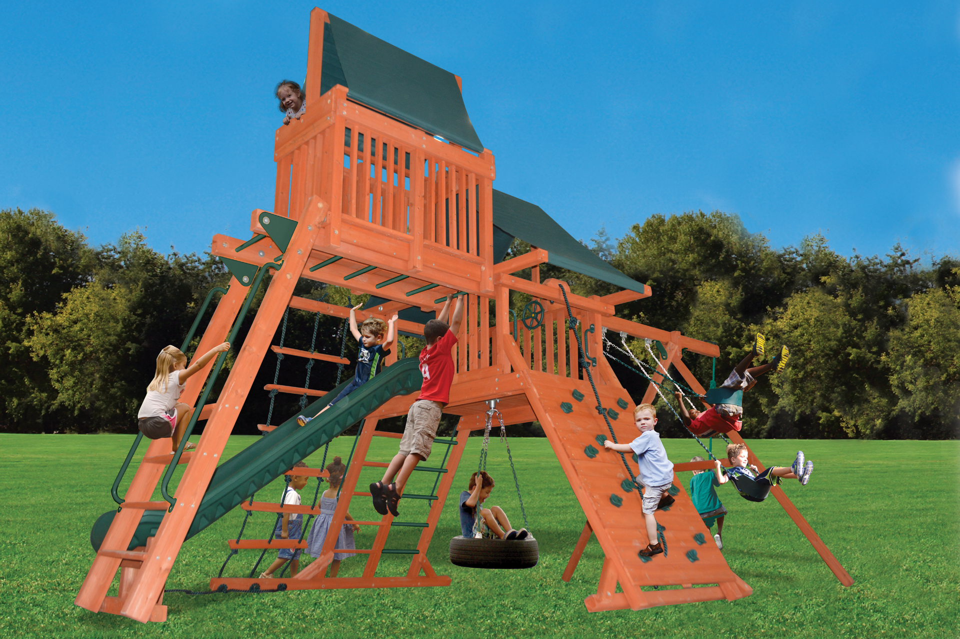 A group of children are playing on a wooden playground set.