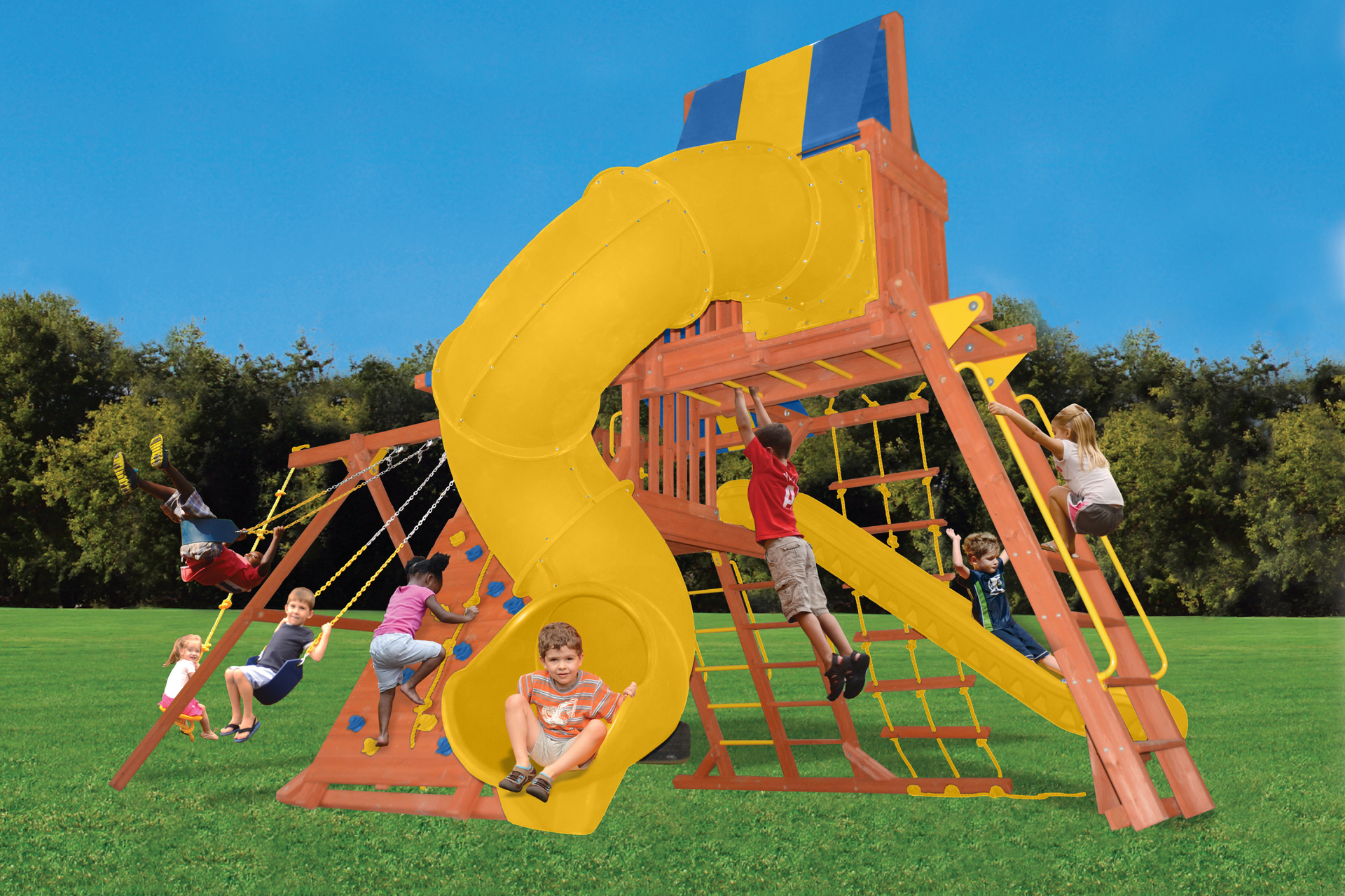 A group of children are playing on a playground with a yellow slide