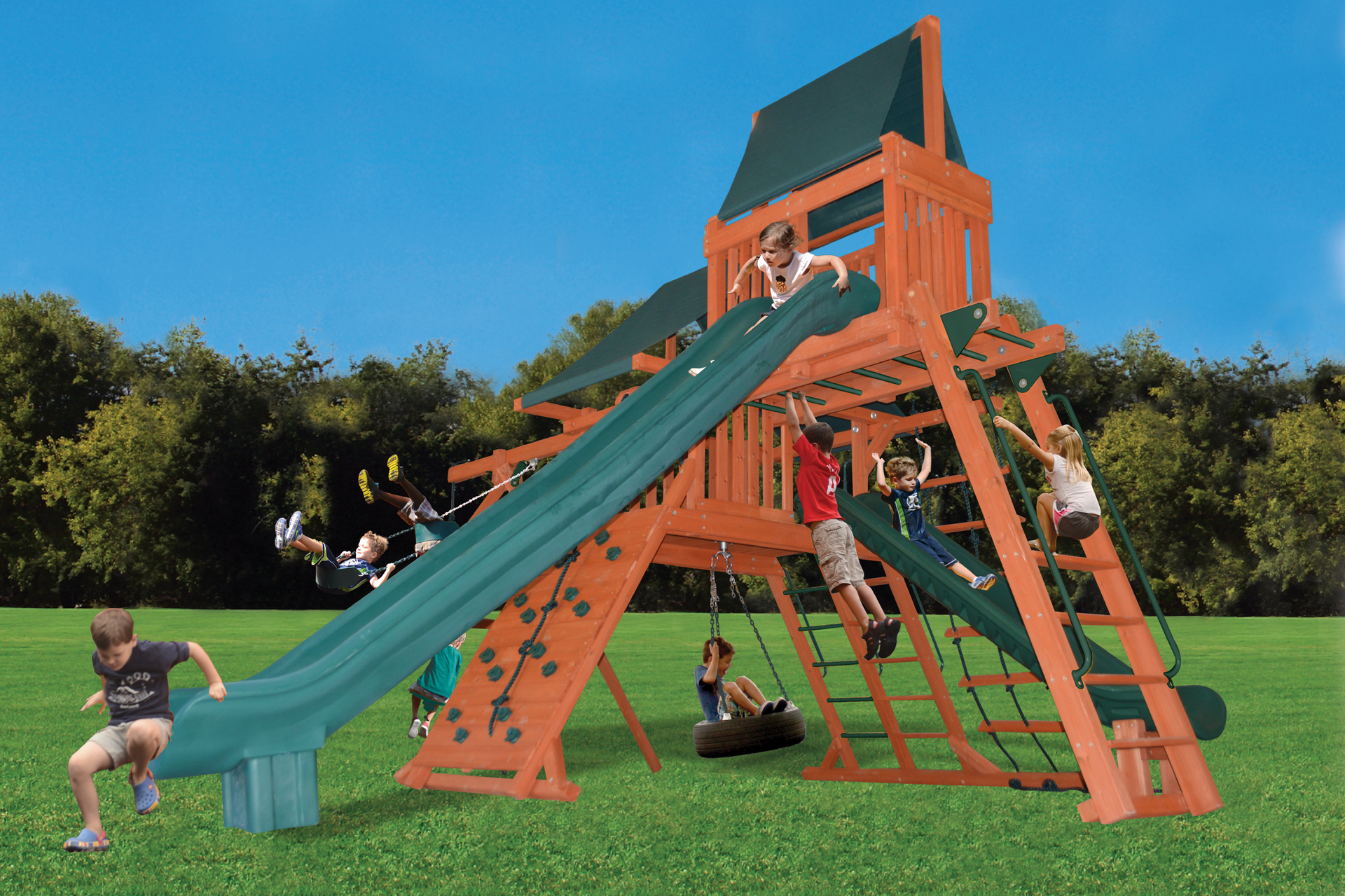 A group of children are playing on a wooden playground set.