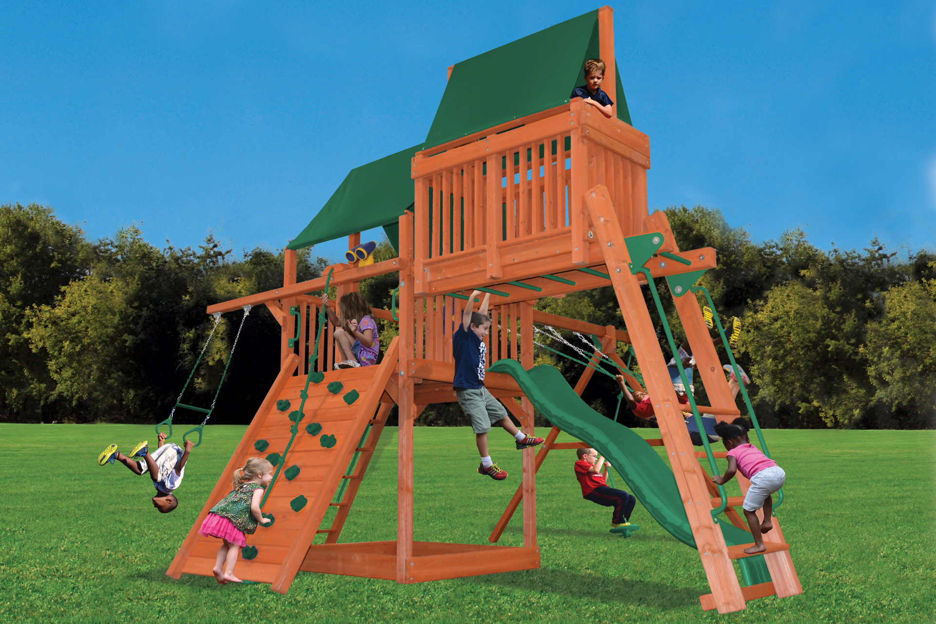 A group of children are playing on a wooden playground set.