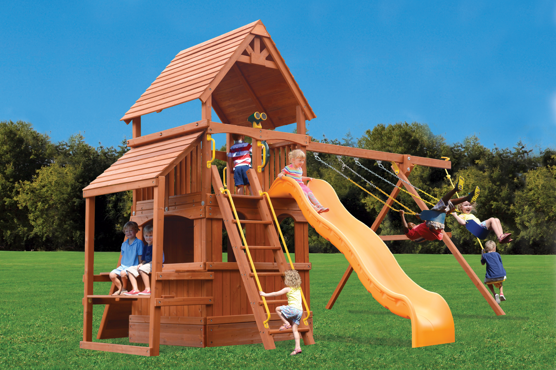 Children are playing on a wooden playground set with a slide and swings