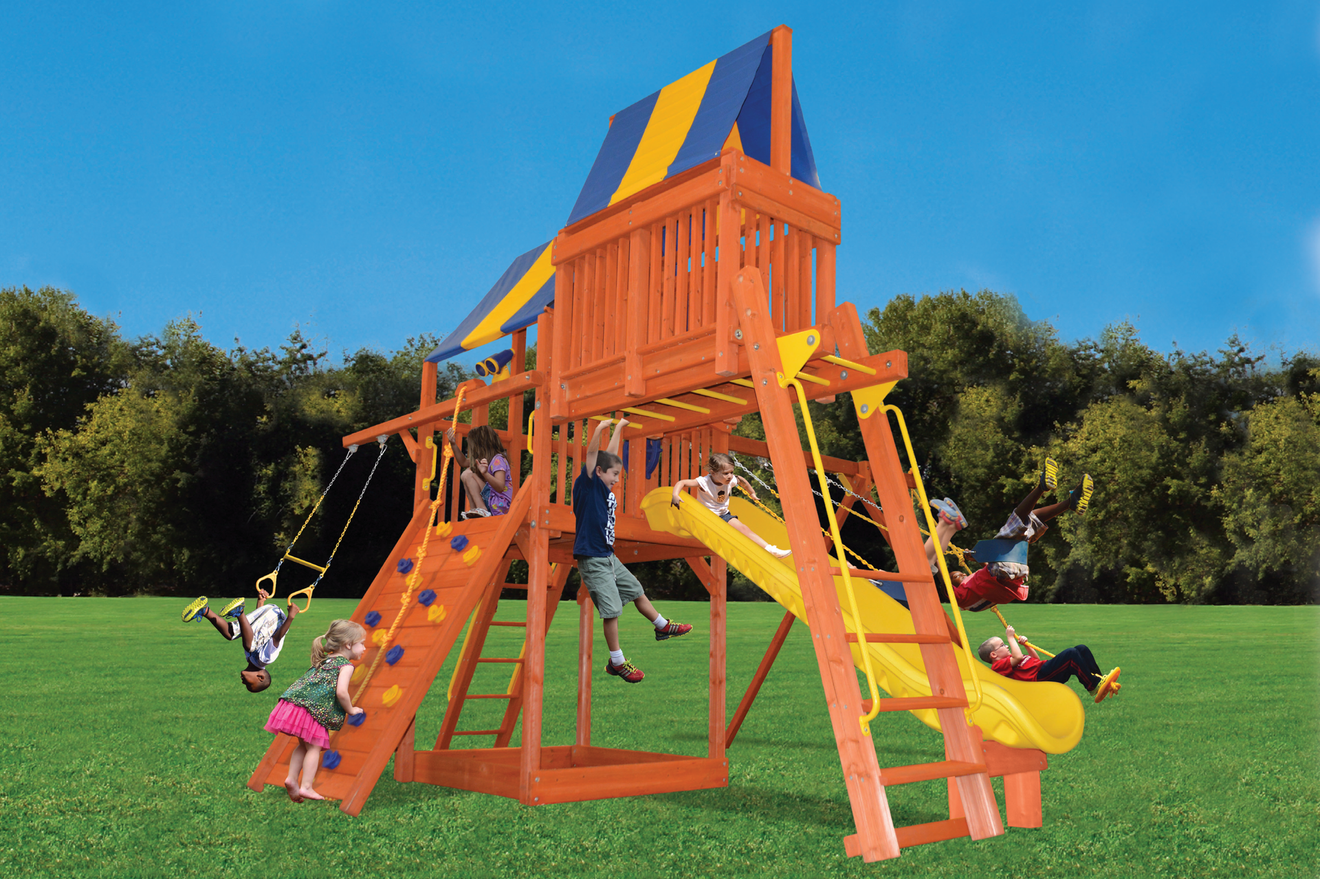 A group of children are playing on a wooden playground set.