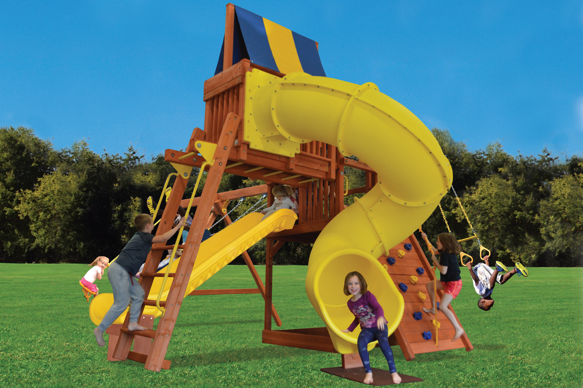 A group of children are playing on a playground set with a yellow slide.