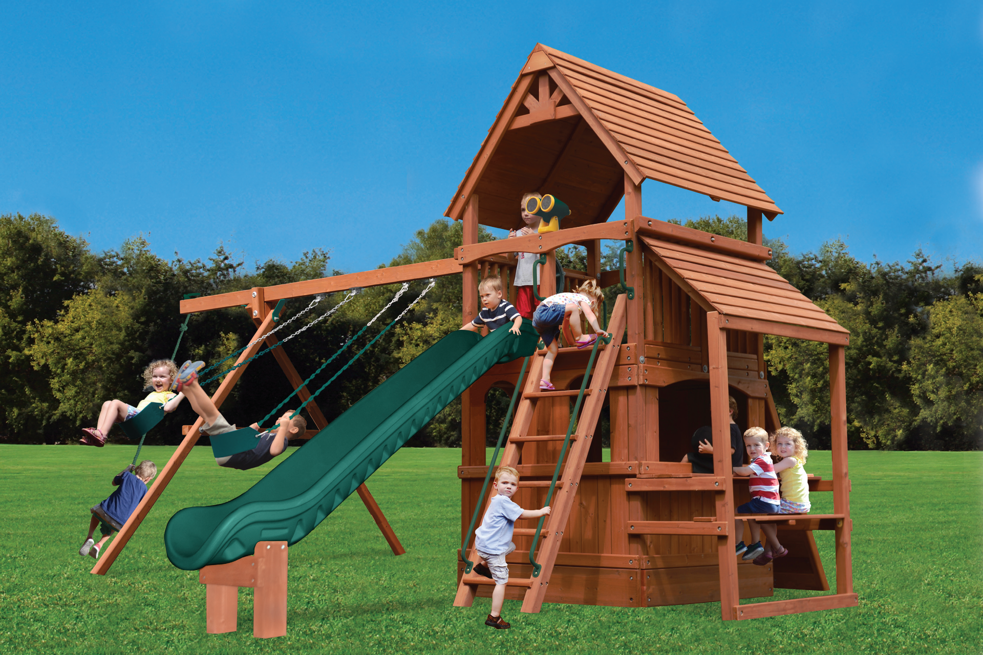 A group of children are playing on a wooden playground set.