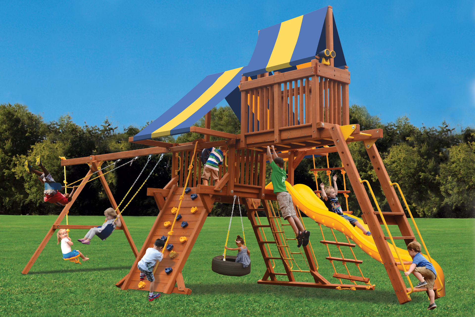 A group of children are playing on a wooden playground set
