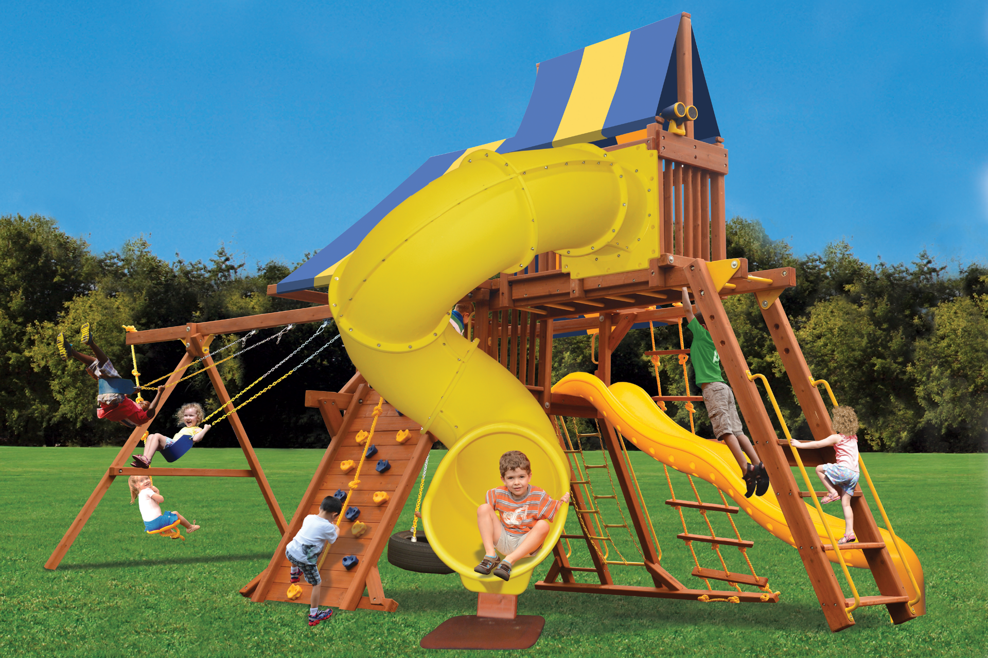 Children are playing on a wooden playground with a yellow slide