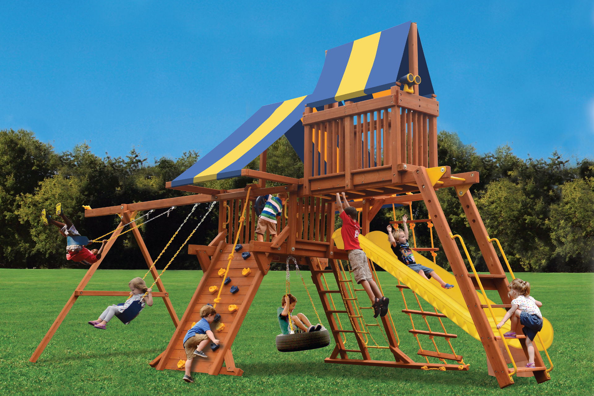 A group of children are playing on a wooden playground set