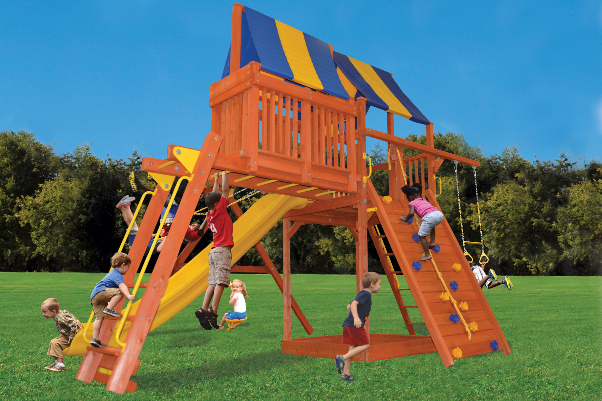 A group of children are playing on a playground set.