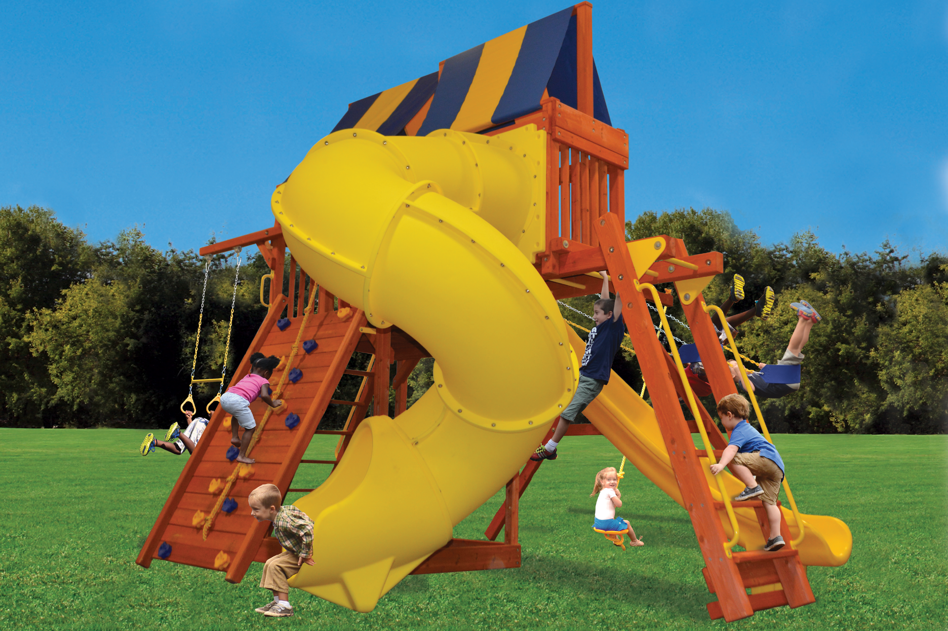 Children are playing on a playground with a yellow slide