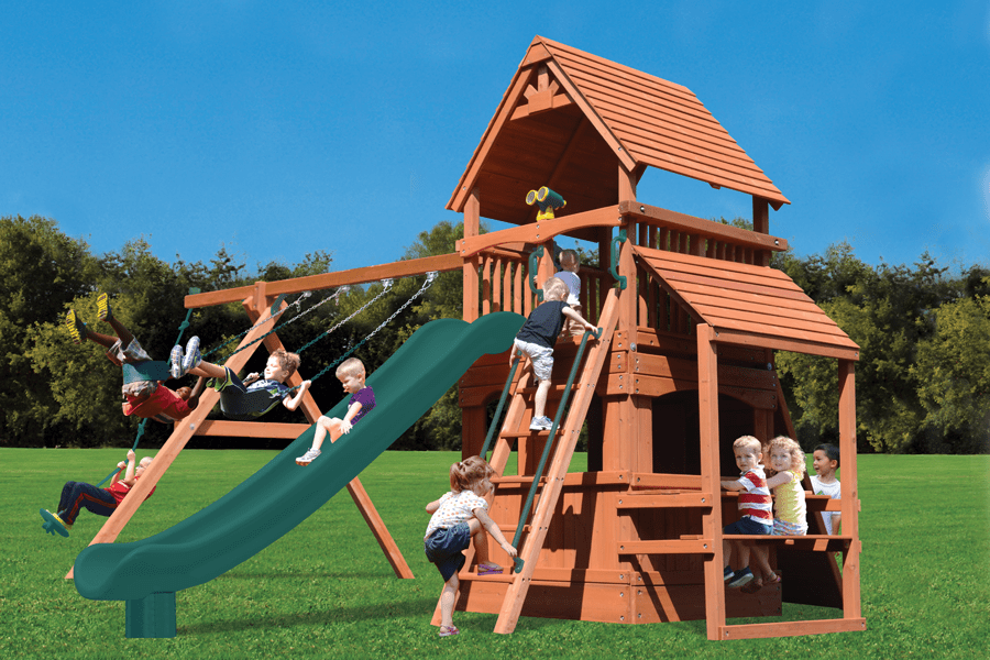 A group of children are playing on a wooden playground set