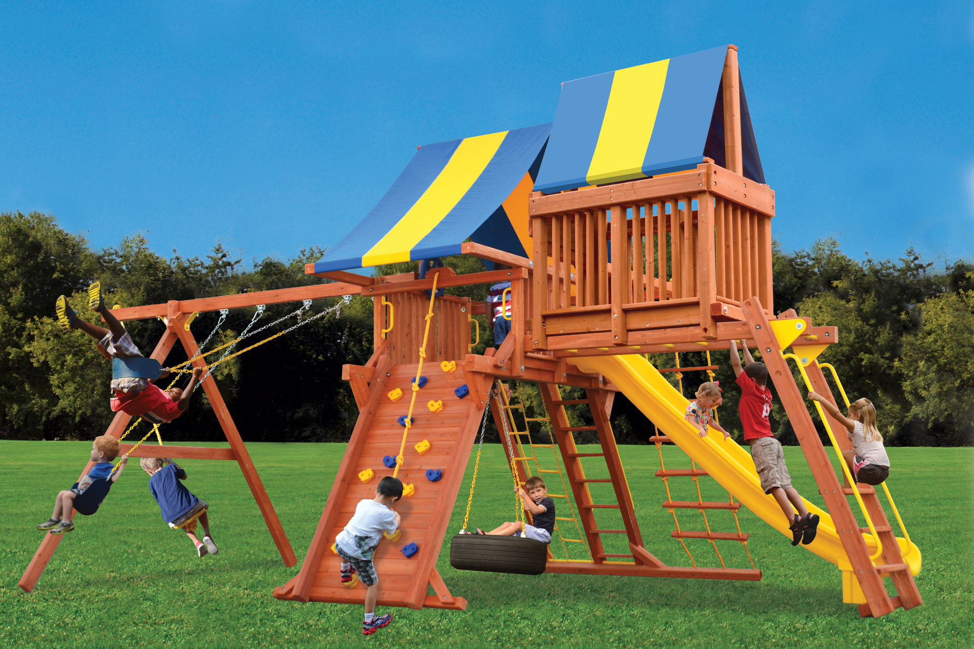 A group of children are playing on a wooden playground set