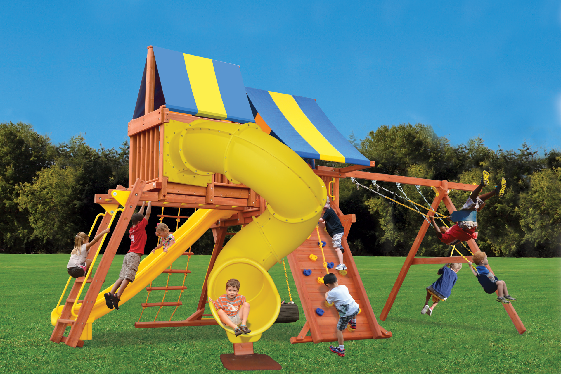 Children are playing on a playground with a yellow slide