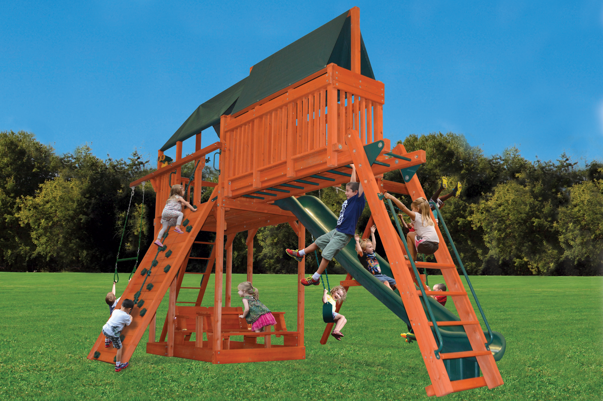 A group of children are playing on a wooden playground set.