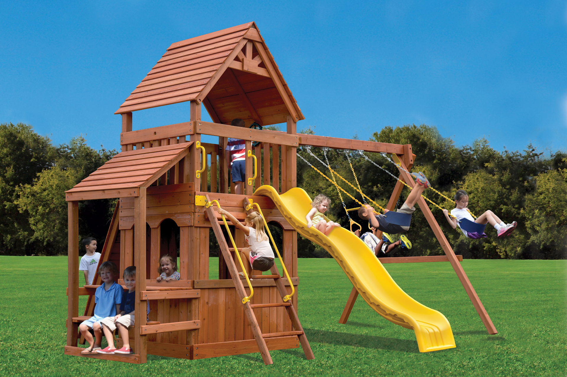 A wooden playground set with a yellow slide and swings