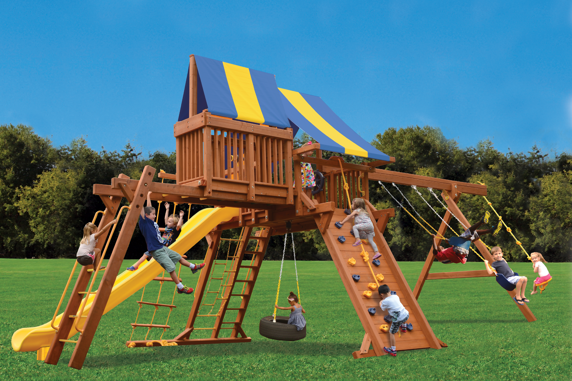 A group of children are playing on a wooden playground set