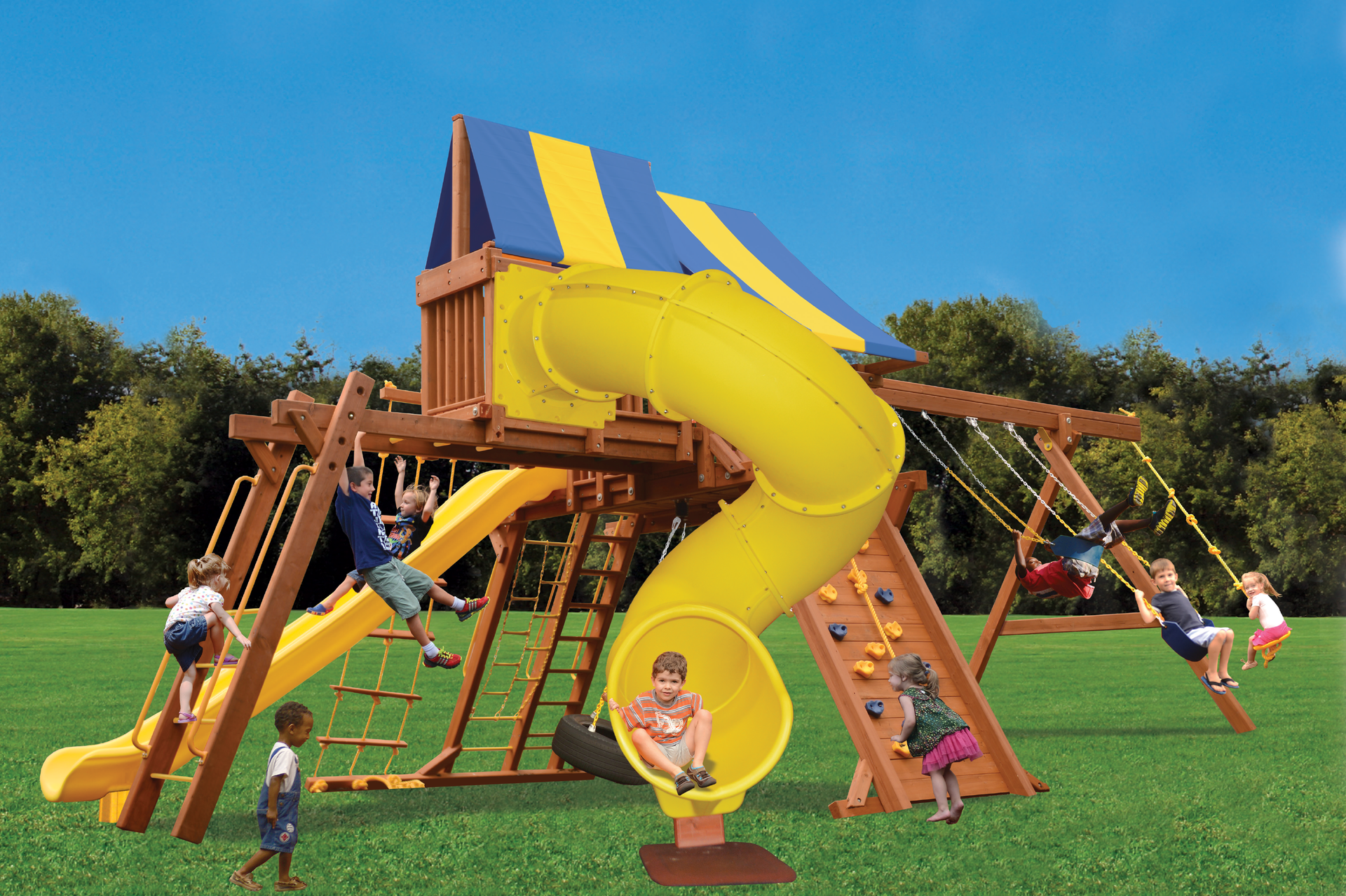 A group of children are playing on a playground with a yellow slide.