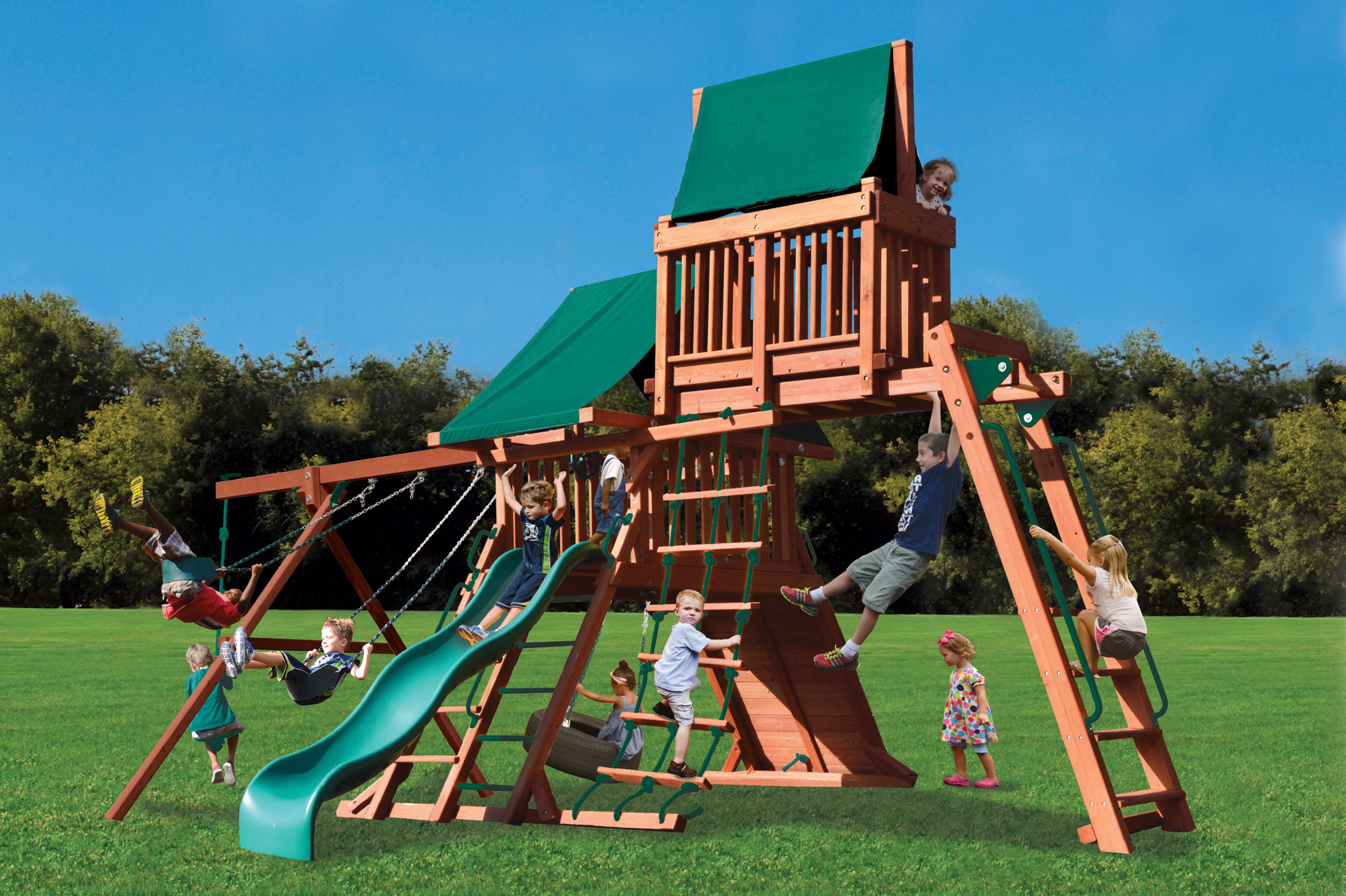 A group of children are playing on a wooden playground set
