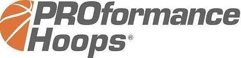 A logo for proformance hoops with a basketball on it