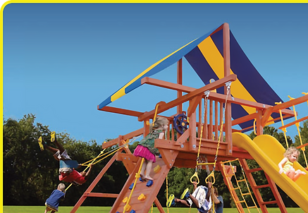 A group of children are playing on a wooden playground set