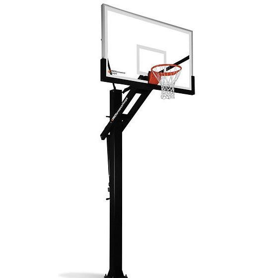 A basketball hoop with a basketball in the net on a white background.