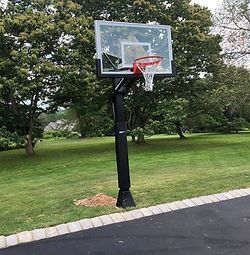 A basketball hoop is sitting on the side of a road in a park.
