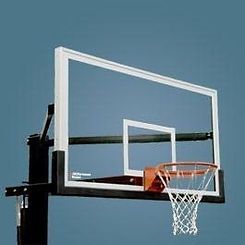 A basketball hoop with a net attached to it against a blue sky.