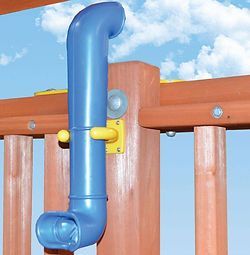 A blue pipe is attached to a wooden post on a playground.