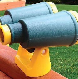 A pair of binoculars sitting on top of a wooden railing.