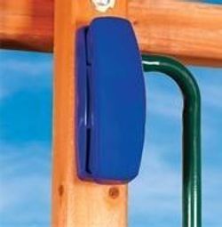 A blue telephone is attached to a wooden post.