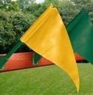 A yellow and green flag is sitting on top of a lush green field.