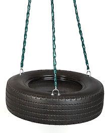 A tire swing is hanging from a chain on a white background.