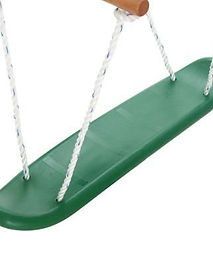 A green swing with ropes and a wooden handle on a white background.