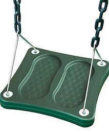 A green swing is hanging from chains on a white background.