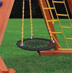A wooden swing set with a net swing and a ladder.
