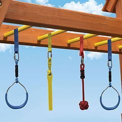 A wooden monkey bars with rings and ropes hanging from it.