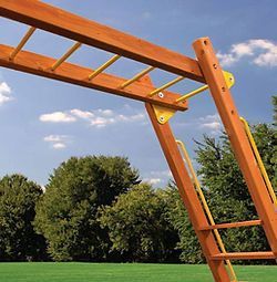 A wooden monkey bars with a ladder attached to it in a park.