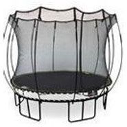 A trampoline with a net around it on a white background.