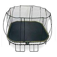 A trampoline with a net around it on a white background.