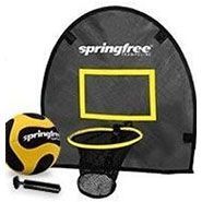 A basketball hoop with a ball and pump attached to it.