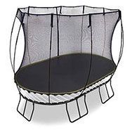 An oval trampoline with a safety net attached to it.