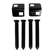 A set of black nails and brackets on a white background.