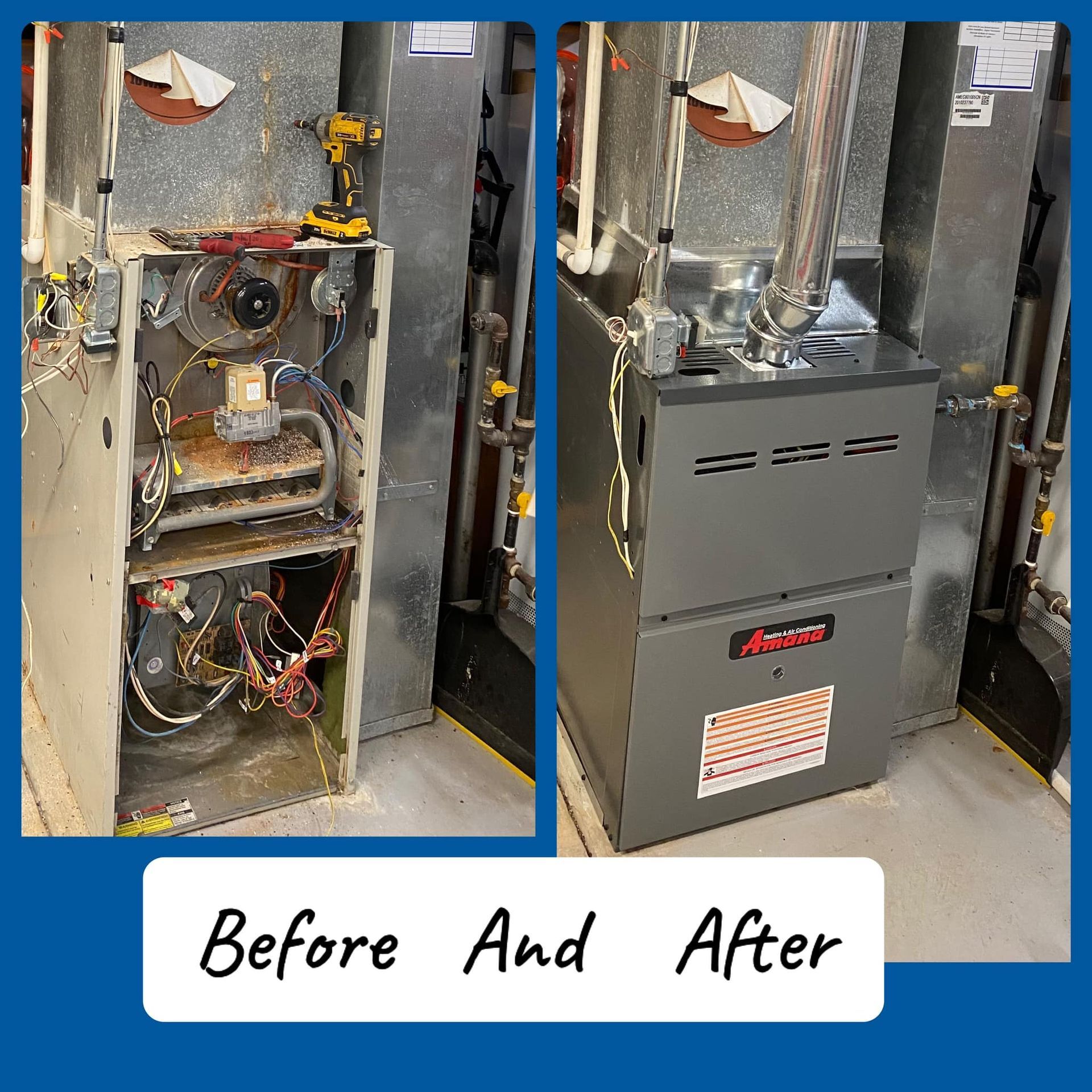 Before-and-after view of a furnace installation: exposed old unit beside a new gray furnace cabinet.