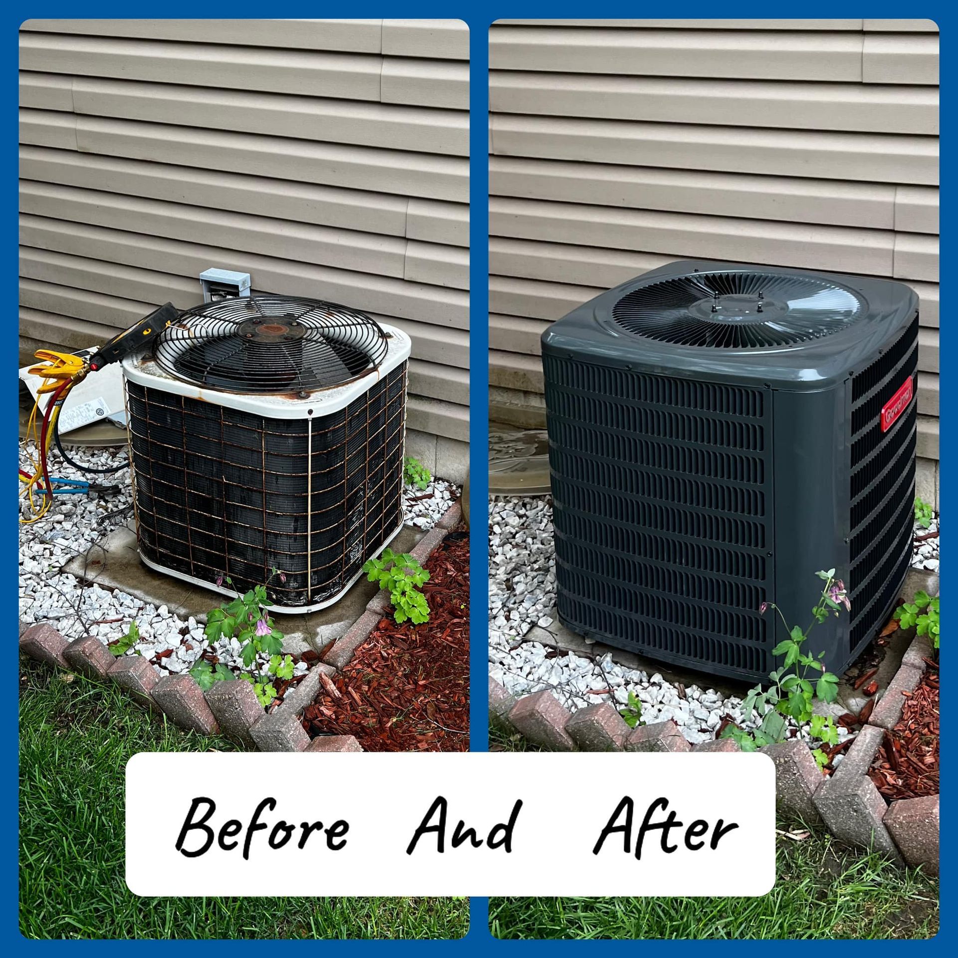 Air conditioner before and after cleaning, side-by-side against a siding wall.