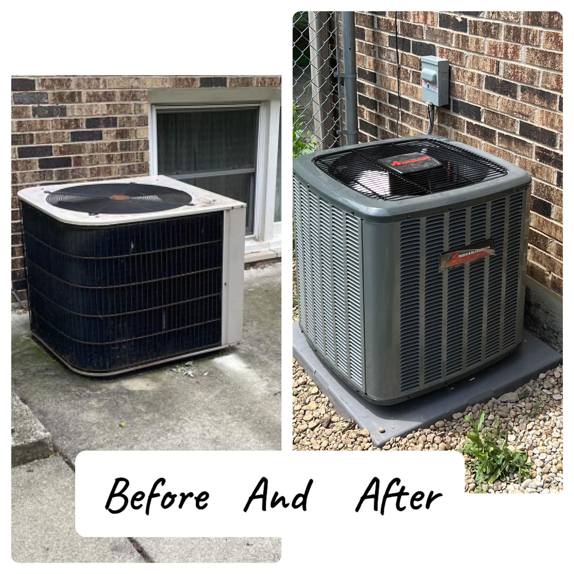 Before and after of an outdoor AC unit cleaned and repainted near a brick house.